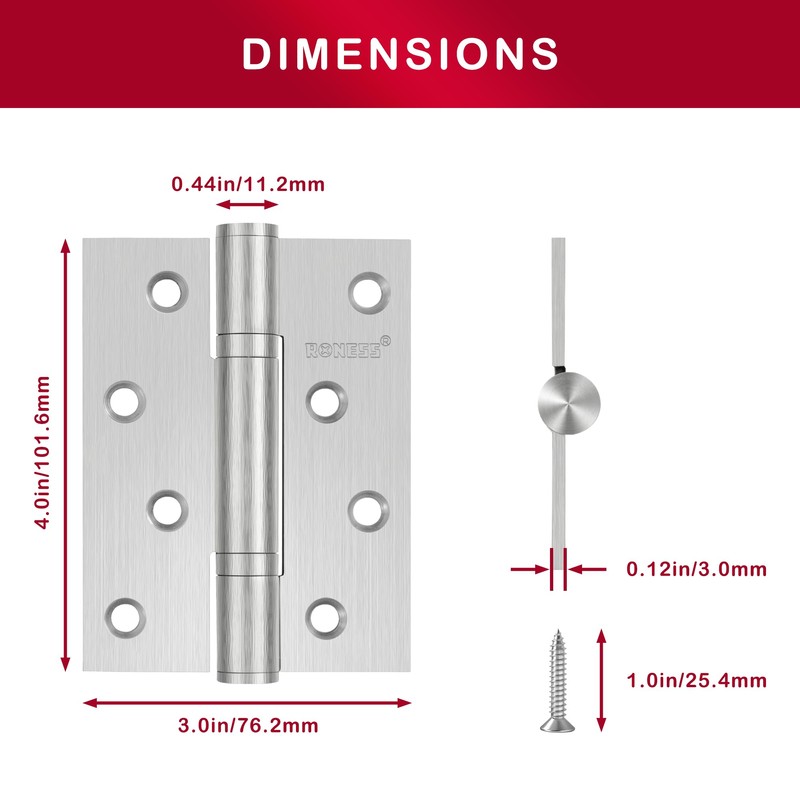 2 Pack RONESS Stainless Steel Hinge, 4'' x 3'', Heavy