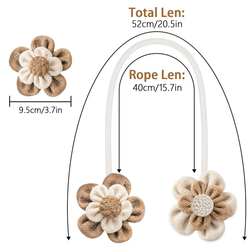 2 Pack Flower Curtain Tiebacks, Linen Cotton Curtain Holdbacks(White&Khaki)
