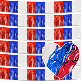 6 Pack 10 Feet White Blue Red Wave Foil Fringe Garland Metallic Tinsel Streamers Banner Wall Hanging Curtain Backdrop for Parade Floats, Mother's Day, Easter, Wedding, Birthday Party Decoration