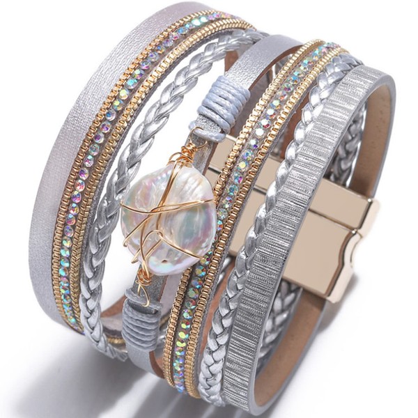 LSxAB Women Multi-Layer Grey Leather Wrap Bracelet Stackable Wristband Braided