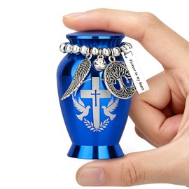 Anbanglin Small Cremation Urns for Human or Pet Ashes, Mini Metal Sharing Keepsake Urn for Adults, Serene Navy Blue Decorative Funeral Memorial Urn with Engraved Cross, Tree of Life & Angel Wing Charm