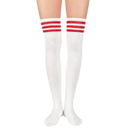 Century Star Women's Casual Athlete Striped Over Knee Thin Thigh High Tights Long Stocking Socks White And Red Prime