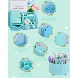 LXEVIHK 21Pcs Green and Blue Desk Organizers and Accessories With Mesh Desk Organizer and 360°Rotating Pen Holder and a Lot of Office Green Office Supplies Beautifully Presented in a Gift Box