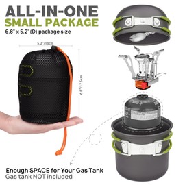 Gurukim 6pcs Camping Cookware Set, Camping Pot and Pan Set with Mini Backpacking Stove Spork and Carry Mesh Bag, Cooking Gear for Backpacking Outdoor Hiking Picnic