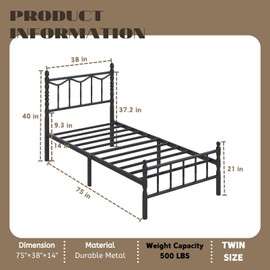 Yoshiely 14 Inch Twin Bed Frame with Headboard and Footboard, Metal Twin Bed Frame No Box Spring Needed, Heavy Duty, Noise Free, Under Bed Storage, Black