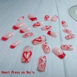 Square Press on Nails Medium -French Tip Press on Nails Red Heart Deign,Glossy Pink Fake Nails with Rhinestone Design,Reusable Artificial False Nails with Glue on Nails Valentine's Day for Women 24PCS