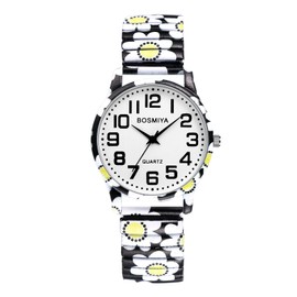 Lancardo Women Stretch Band Watch: Bohemia Flower Elastic Analog Quartz Big Number White Dial Wristwatch Easy to Read