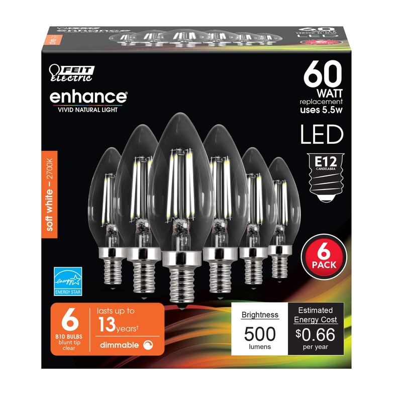 Feit Electric 60W Equivalent Candelabra LED Light Bulb, Dimmable, E12