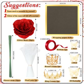 Thiccywoov 24 Pcs Glitter Roses Bouquet Valentine's Day Artificial Rose Flowers Bouquet DIY Fake Glitter Roses with Flower Wrapping Paper 3D Butterflies Crowns for Anniversary Birthday (Red)