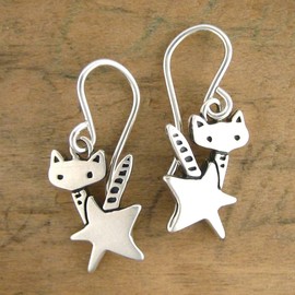 Mark Poulin Sterling Silver Rocket Cat Earrings - Adorable Kitten Riding a Star 925 Charm Earrings - Unique Cat Jewelry
