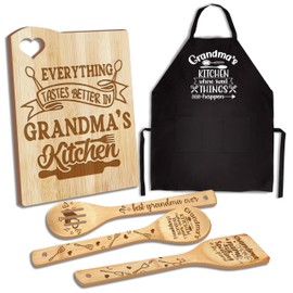 Gifts for Grandma, Mothers Day Grandma Kitchen Gifts from Grandkids, Birthday Gift Wooden Cutting Board with Cooking Utensils Set with Apron Set, Great Grandma Grandparents Day Gift