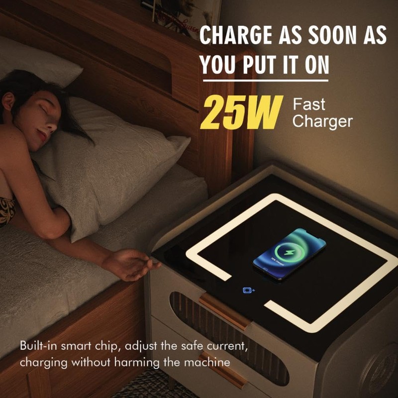 Smart Nightstand with Safe, Two-Drawer Multifunction LED Nightstand Modern End