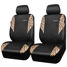 CAR PASS Leather Leopard Two Front Seat Cover Only, Universal Quilting Waterproof Deluxe PU Premium Vinyl Luxury Car Seat Cover Airbag Compatible for Most Sedan,SUV,Truck(Two Front, Brown Leopard)