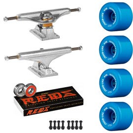 Old School Skateboard Pack with Independent 149 Trucks, Powell Rat Bones Blue Wheels, Bones Reds Bearings, Mounting Hardware, and Risers