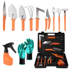 Gardening Tool Set, 11 Pieces Gardening Tools with Carrying Case, Garden Tool Kit for Digging Planting Pruning, Unique Gardening Set with Gloves for Women and Men (Orange)