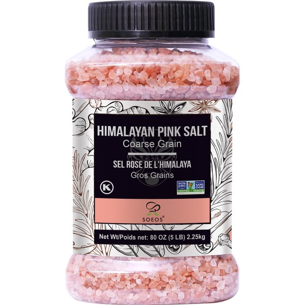 Soeos Himalayan Pink Salt, Coarse Grain, 80oz (5 Pound), Non-GMO