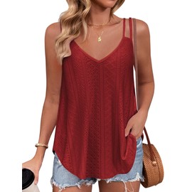 Zeagoo V Neck Flowy Casual Camisole for Women Double Spaghetti Strap 2024 Eyelet Embroidery Cute Pleated Tank Tops,Red,Small