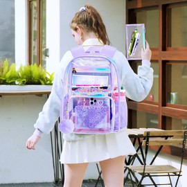 gxtvo 3PCS Clear Backpack, Women’s Sequins Transparent Bookbag Set, Cute Heavy Duty See-Through School Bag for Teens and Elementary Students – Flower Purple Love
