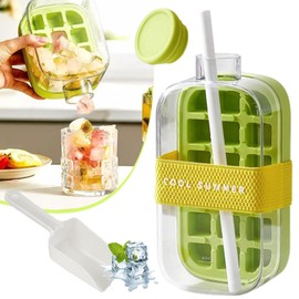 ESRAIN Botella con Hielo, Bandeja para Cubitos de Hielo, con Pajita, 1 Pala de Hielo,Botella para Hacer Cubitos de Hielo,Fácil de Presionar para Liberar,Verde, 800ml