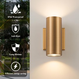 Zicbol Up and Down Lights Outdoor, Modern Gold LED Outdoor Wall Lights Fixture in 2 Lights, 7 inch Cylinder Exterior Light Fixture Wall Mount for Porch Patio Garage House Entryway