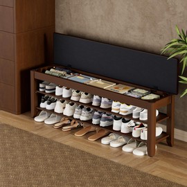 Homleke Shoe Rack Bench with Flip-Top Storage, Solid Wood Entryway Bench with Cushion, Adjustable Shelf, for Hallway, Mudroom, Closet – Walnut, 47.2"