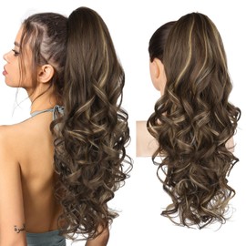 REECHO Ponytail Extension, 26 Inch Drawstring Ponytail Extension Long Curly Wavy Pony Tails Hair Extensions Synthetic Clip in Ponytail Hairpiece for Women, Chocolate Brown with Highlights