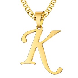 XIRUVE Stainless Steel Men's Women's Letter A to Z Pendant Initial Necklace with 6 mm Wide Curb Chain Length Adjustable, Stainless Steel, No Gemstone