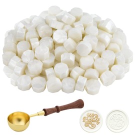 ASTARON ASTARON 100 Stück Siegelwachs Weiß, Siegelwachs Perlen mit 1 Wachsschmelzlöffel, achteckiges Wachssiegel-Set für Einladungen, Karten, Umschläge, Weinpakete, Geschenkverpackungen