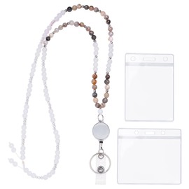 hoyuwak Retractable Beaded Lanyards for Women Cute Teacher Lanyard with ID Holder Natural Stone Beaded Necklace for Keys Keychain Cards
