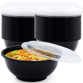 POPMISOLER 150 Pcs Stackable Meal Prep Bowl Containers,42 OZ Food Takeout Bowls Reusable,Black Disposable Meal Prep Bowls With Lids,Microwavable Dishwasher Safe Leak Resistant for Noodle Soup (42oz)