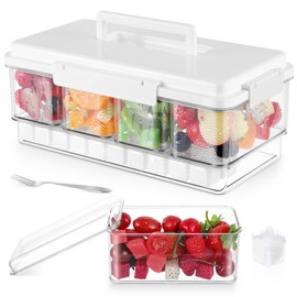 Ice Chilled Condiment Caddy with 4 Containers and Separate Lids, 5 Stainless Steel Fork 20 Reusable Ice Cube Fruit Server Tray Platter with Handle Portable Mimosa Bar Supplies Salad Taco Party Garnish