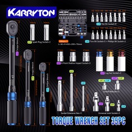 KARRYTON 35pc Torque Wrench Set 1/4 3/8 1/2-Inch Drive, CR-MO/72-Tooth/Dual Scale ±3% Accuracy Click Torque Wrenches w/Adapters for Auto, Bike, Motor