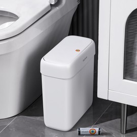 funest Bathroom Small Trash Can with Lid, 13 Liter/3.4 Gallon Slim Garbage Bin with Press Top Lid, White Wastebasket for Bedroom, Office, Kitchen, RV