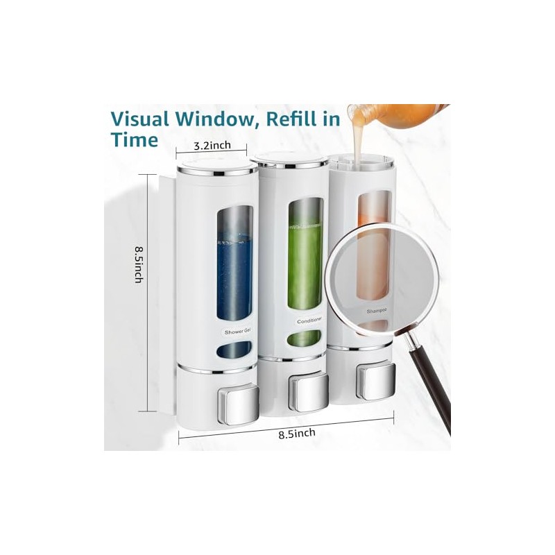 3-Chamber Wall Mounted Shower Dispenser - No Drilling Required