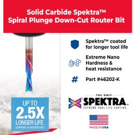 Amana Tool - 46202-K Solid Carbide Spiral Plunge Router Bit Down Cut 1/4 Dia x 3/4 x 1/4 Inch Shank, Spektra Extreme Tool Life Coated