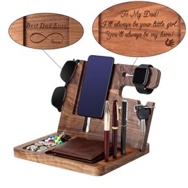 Gifts for Dad - Engraved Walnut Wood Phone Docking Station - Nightstand with Key Holder, Wallet Stand and Watch Organizer to Father for Christmas Birthday Father Day