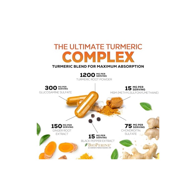 Turmeric Curcumin Supplement - 95% Curcuminoids with Glucosamine, Ginger &