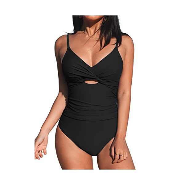 CUPSHE One Piece Swimsuit for Women Twist Front Cutout Adjustable Straps Ruched Swimwear Bathing Suits Black M