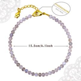 AUREHEN Natural Gemstone Faceted Beads Bracelets, 3mm Adjustable Chain Tiny Beaded Bracelet, Healing Crystal Reiki Chakra Dainty Minimalist Jewelry Fashion Birthday Gifts, 3MM, Gemstone, Labradorite,
