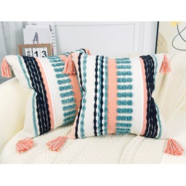 NUYECY Boho Throw Pillow Covers 18x18 Aesthetic Neutral Boucle Couch Pillow Cover Rainbow Striped Decorative Accent Pillow Case for Couch Bed Sofa Farmhouse Bedroom,Modern Funky,Set of 2 Turquoise
