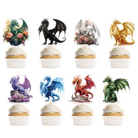 40 Pcs Dragon Birthday Party Decorations, Fantasy Dragon Cupcake Toppers, Mystical Cupcake Picks Party Supplies for Kids and Adults (8 Designs)