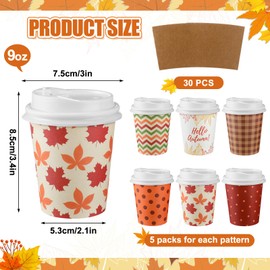 Sosation 90 Pieces/30 Sets Hello Autumn Paper Coffee Cups Disposable Fall Cups with Lids and Sleeves Maple Leaves Beverage Paper Tumbler for Hot Cold Drinks Autumn Thanksgiving Party (9 oz)