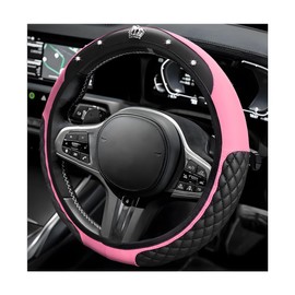 BWBWND Soft Leather Steering Wheel Cover, 15 Inch Elastic Non-Slip Car Wheel Protector with Crystal Diamond, Universal Sparkling Diamond Crown Accessories for Most Steering Wheels (Pink)