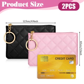 BOHUIZ Small Coin Purse, 2Pcs Rhombus PU Zipper Coin Purse Portable Wallet Short Ladies Coin Purse Zippered Keychain Mini Coin Bag for Women & Men Coin Wallet (Pink, Black)