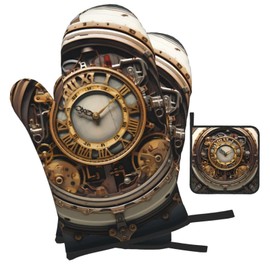 YYHWHJDE Kitchen Baking Set of 3 - Oven Mitts and Pot Holders for Anti-Scalding Heat Insulation Steampunk Clock Picture