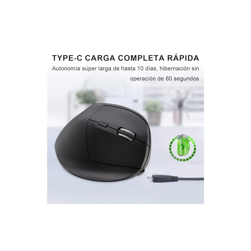 DQST Ratón Vertical Ergonómico Inalambrico Recargable -3 Niveles dpi (800-1600)-Compatible