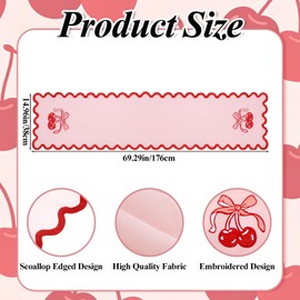 Breling Pink Bow Cherry Table Runner 70 Inches Coquette Scalloped Edge Table Runner Cute Embroidery Preppy Neutral Rustic Dining Decor for Birthday Baby Shower Party Kitchen Deck Decor