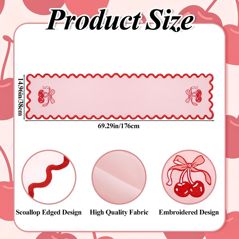 Breling Pink Bow Cherry Table Runner 70 Inches Coquette Scalloped