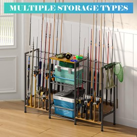 3-Sided Fishing Rod Rack for 24 Rods, Freestanding Fishing Rod Holder with Wood Top Shelf & Hooks, Heavy Duty Fishing Gear Organizer, Adjustable Feet, Rustic Metal Frame for Garage and Outdoor Storage