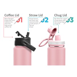 Water Bottle Stainless Steel Double Wall with 3 Leak-Proof Lids - Chug, Straw & Coffee Lid | Keeps Drinks Cold for 24 Hours and Hot for 12 Hours | BPA-Free Wide Mouth Metal Vacuum Flask (Pink (16oz))